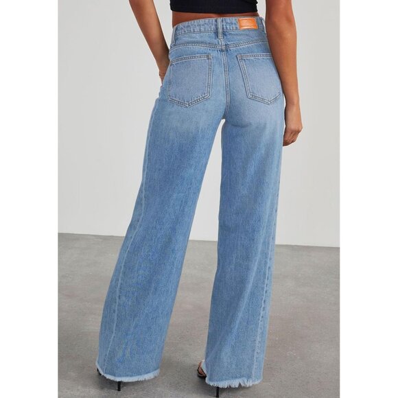 Wide Leg Jeans Women High Waisted Loose Fit Raw Hem Denim Palazzo Pants - Picture 3 of 5